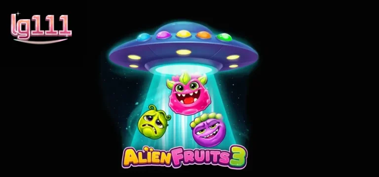Tampilan layar permainan slot Alien Fruits 3 dengan grid 8x8 yang penuh warna neon.